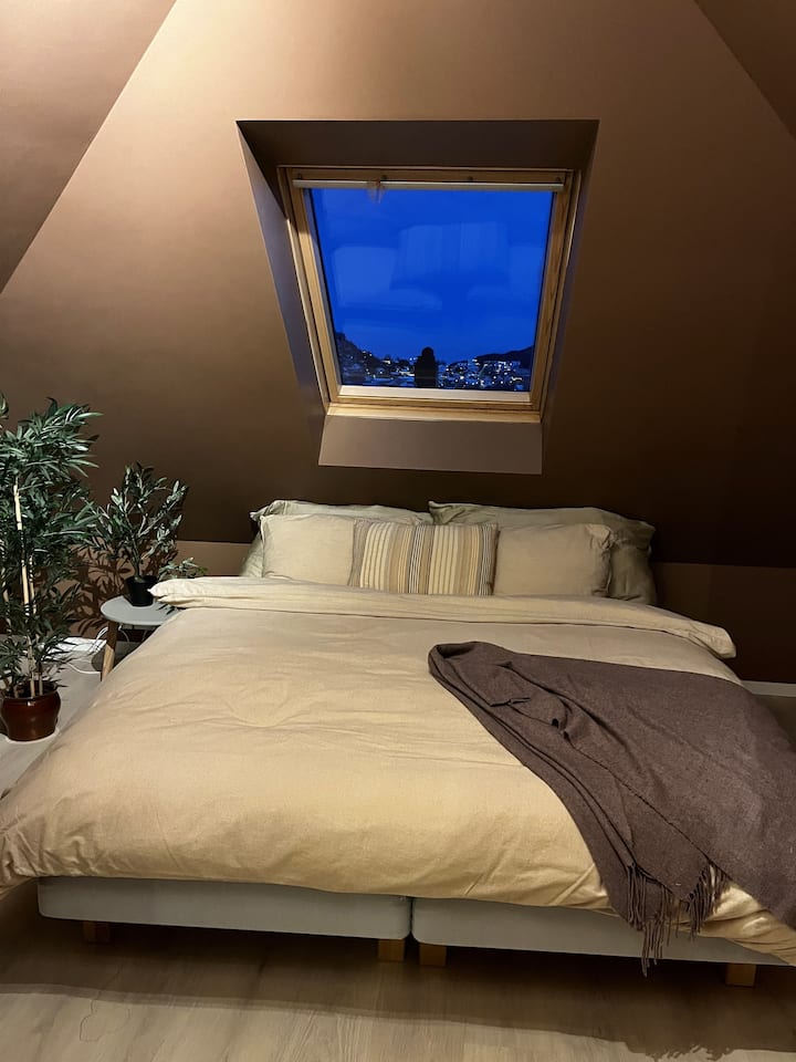 سرير مزدوج 160 × 200 سم في طابق علية "خاص". هنا توجد غرفة تلفزيون مع أريكة عند صعود الدرج، ثم ستجد غرفة النوم خلف باب زجاجي من غرفة العلية