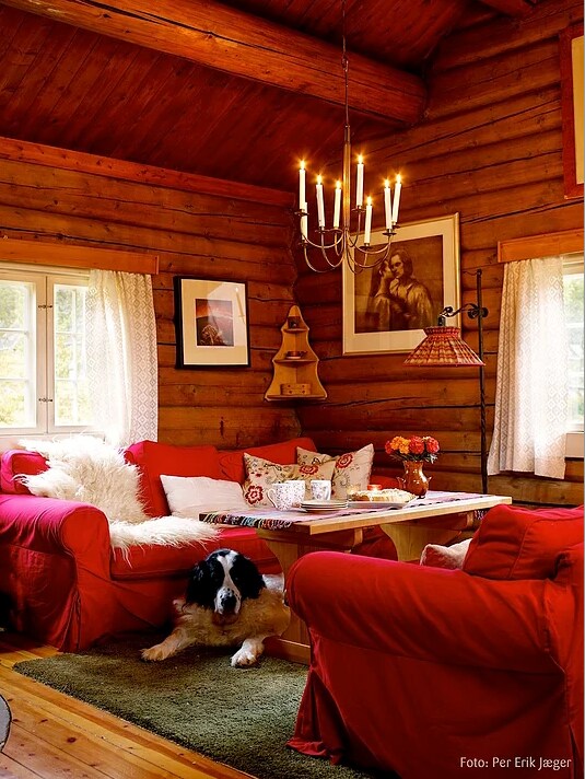 Stue med mønet himling med fem åser. Stor, hvitmalt, åpen peis og Jøtul 602 vedovn samt panelovn og varmepumpe.
To stk. tresetere sofaer og spisebord med plass til 6-8 personer. TV med Cromecast og parabol.