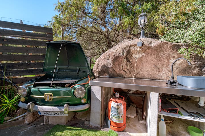 Cocina exterior con fregadero y barbacoa de gas, sobre un coche clásico convertido en barra.