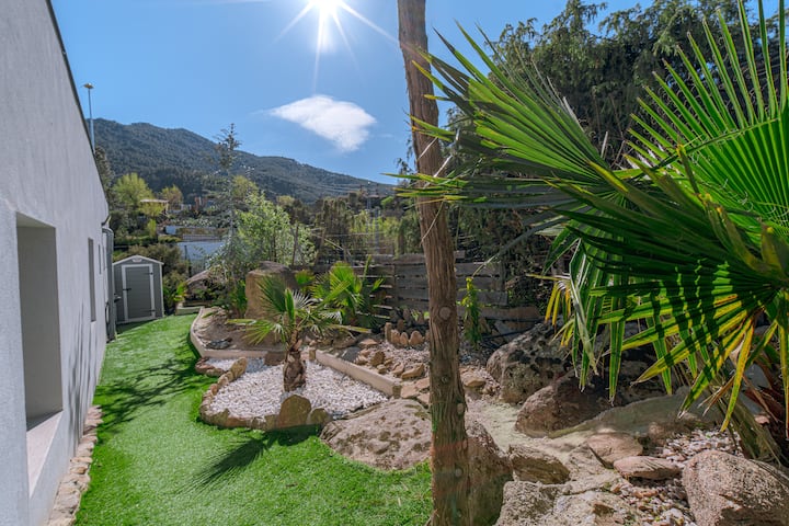 Jardín privado vallado con césped y palmeras: espacio libre para jugar y tomar el sol.