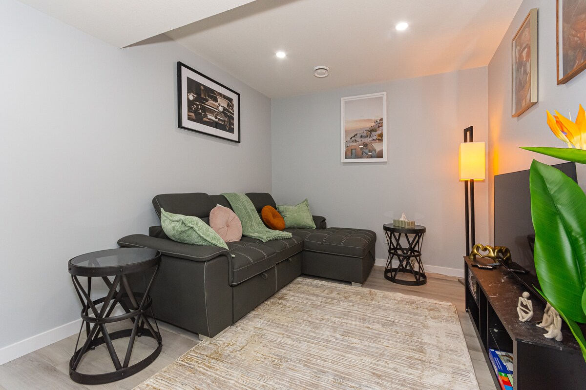 تتحول الأريكة إلى سرير للحصول على غرفة نوم إضافية وتحتوي على وسائد وبطانيات إضافية مخزنة هناك.