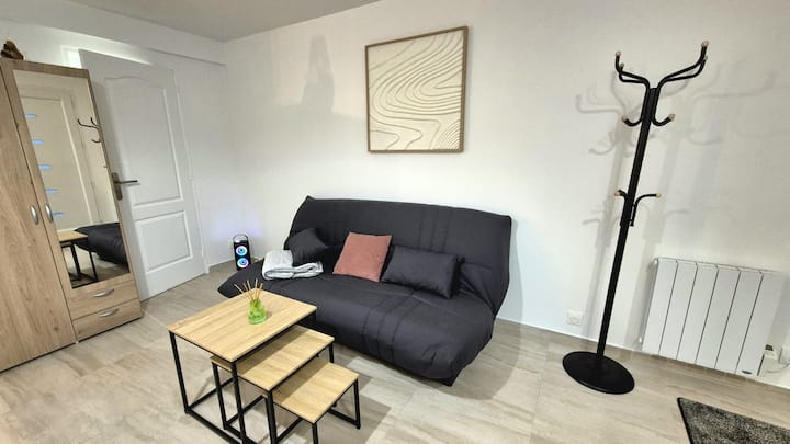 Área da sala de estar com um sofá-cama, mesa de café e cabide.