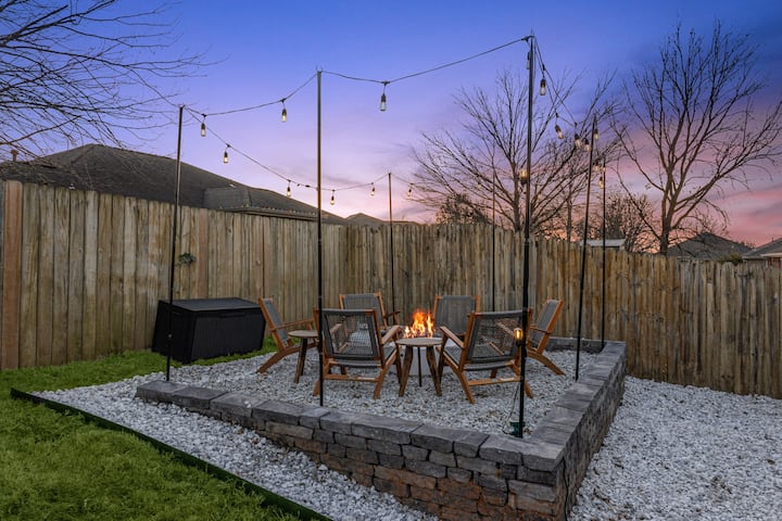 Fire pit gathering area at dusk