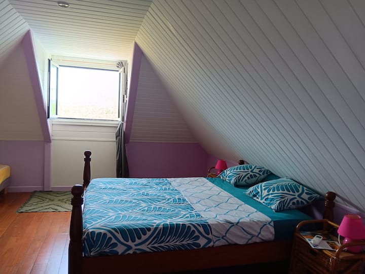 ეს ოთახი მდებარეობს ზედა სართულზე, მასშია ერთი ორადგილიანი და ერთი ერთადგილიანი საწოლი. ფანჯრიდან იშლება თვალწარმტაცი ხედი ვაკეზე, რომელიც სიმშვიდესა და სიწყნარეს გიქმნით. სააბაზანო მდებარეობს საძინებლის გვერდით და მასში ტუალეტიც არის.