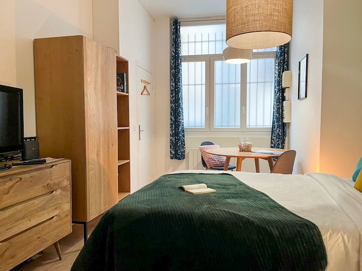 Двойно легло с бяла чаршафна постелка, тъмнозелен плед, сини и жълти възглавници. Кръгла дървена маса, два удобни стола. Голям прозорец със сини завеси с бели шарки. Шкаф от необработена дървесина, дървен ТВ шкаф, стенен или монтиран телевизор.