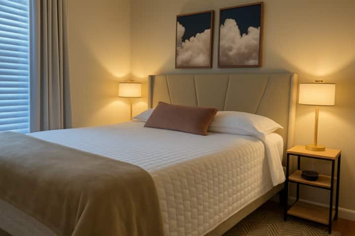 חדר שינה שקט בגודל קווין סייז עם מזרן קצף זיכרון נוח, מצעים נוחים, שמיכה וכריות נוספות, טלוויזיה חכמה, מכונת סאונד, תאורה רכה ונוחה ווילונות האפלה.  שני מנורות השידה מציעות יציאות טעינה USB