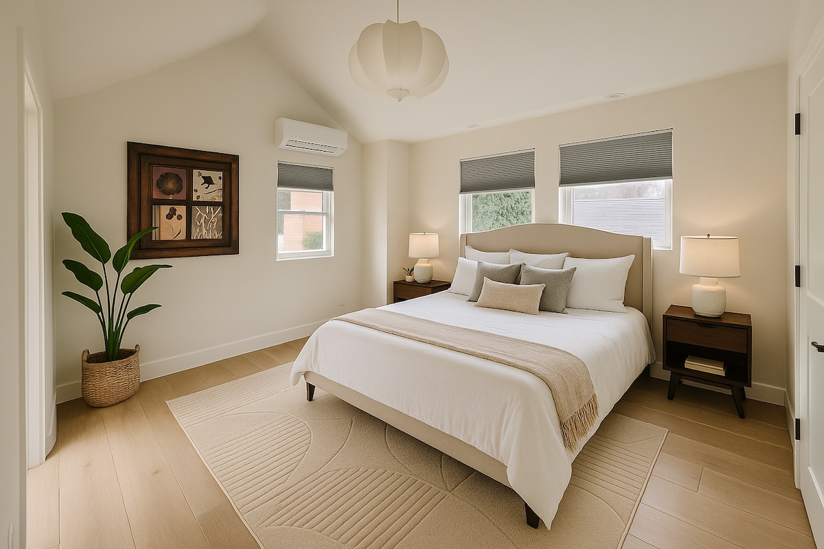 Dormitorio principal con cómodo colchón tamaño queen de espuma viscoelástica, persianas opacas, espejo de cuerpo entero, amplio espacio en el armario y acceso a la terraza en la azotea.