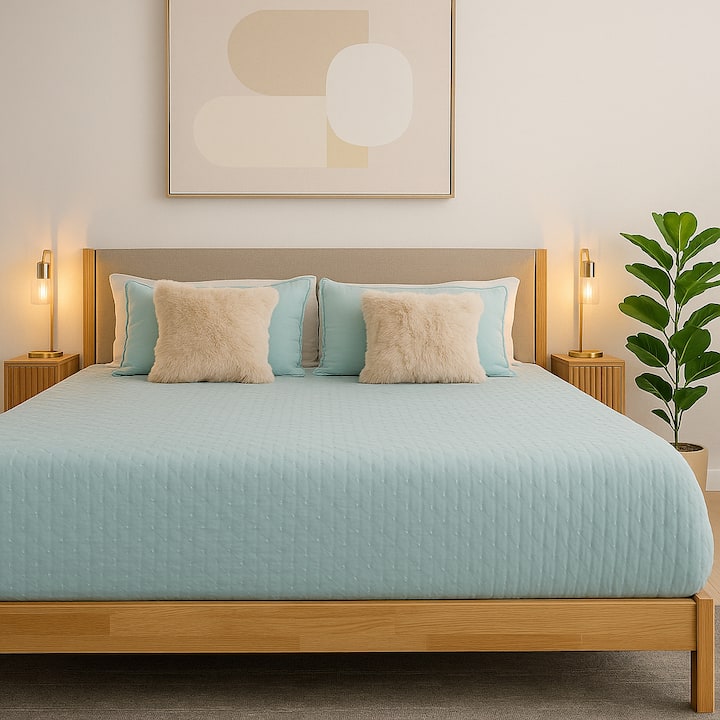 Svetlá a moderná spálňa s luxusnou manželskou posteľou s mäkkou modrou posteľnou bielizňou, útulnými vankúšmi z umelej kože, teplým osvetlením pri posteli a upokojujúcim neutrálnym dekorom. Pokojné a štýlové útočisko navrhnuté pre maximálne pohodlie a pokojný pobyt na pobreží.