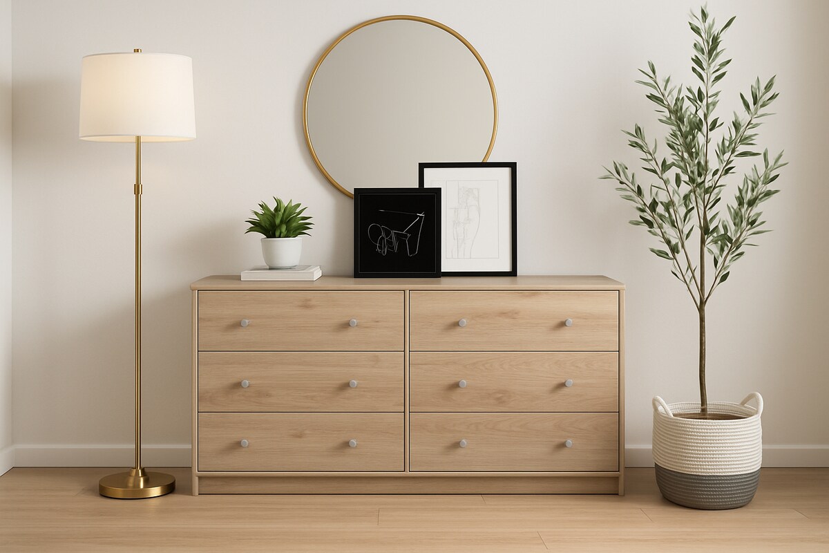 ห้องนอนที่สงบและสวยงามมีตู้เสื้อผ้าไม้สีอ่อนจับคู่กับโคมไฟตั้งพื้นทองเหลืองนุ่มและกระจกกลมที่เพิ่มความอบอุ่นและความลึก พื้นผิวธรรมชาติที่จับคู่กับพืชช่วยสร้างพื้นที่ที่เงียบสงบ โปร่งโล่ง และได้รับการดูแลอย่างพิถีพิถัน 