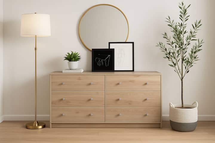 El dormitorio, tranquilo y de hermoso estilo, cuenta con un vestidor de madera clara combinado con una lámpara de pie de latón suave y un espejo redondo que agrega calidez y profundidad. Las texturas naturales combinadas con una planta crean un espacio sereno, aireado y cuidadosamente seleccionado. 