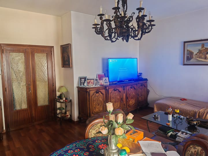 Amplia sala de estar con cama y TV