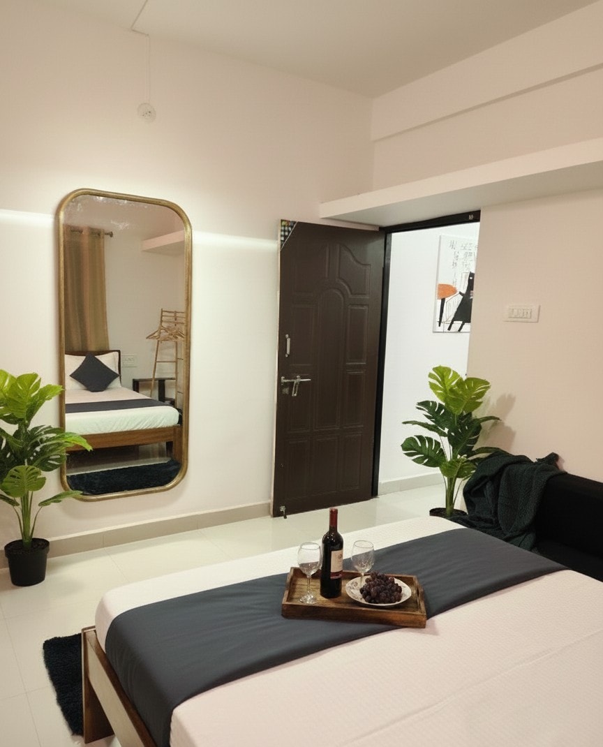 Štýlová, dobre osvetlená spálňa s pohodlnou manželskou posteľou, sedačkou, izbovými rastlinami, veľkým zrkadlom a klimatizáciou, ktorá dodáva priestoru eleganciu – ideálna na odpočinok po dni strávenom v našom apartmáne 1 BHK v Siolime v severnej časti Goau.