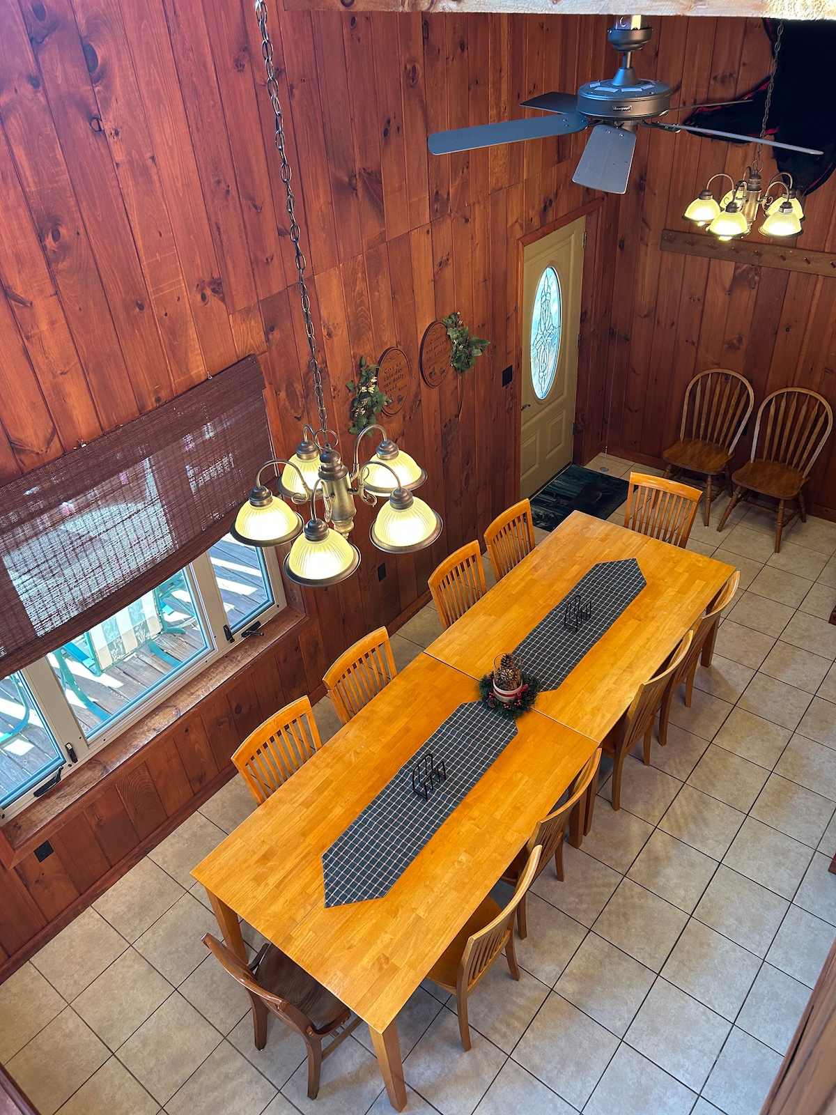 Spacious Wooden Dining Room Overhead View