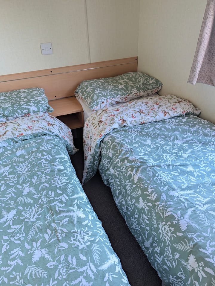 ორი ცალკე მყუდრო საწოლი ტელევიზორისთვის განკუთვნილი საწოლის თეთრეულით