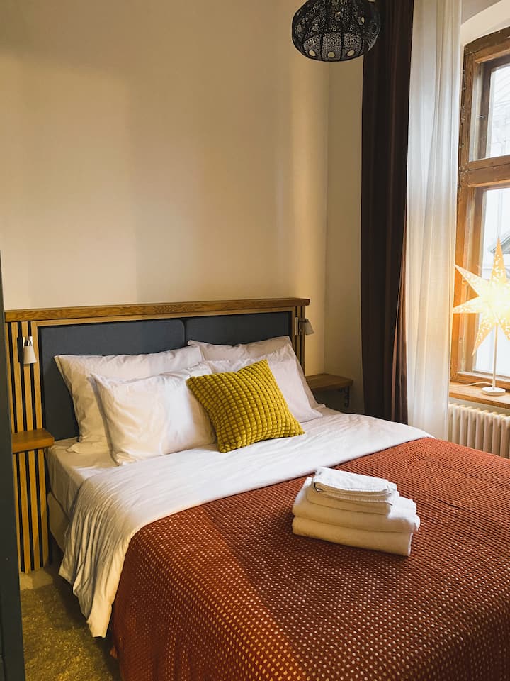 Chumba cha kulala chenye kitanda chenye starehe cha sentimita 160 × 200, kabati dogo la nguo na sehemu ya kutundika nguo.