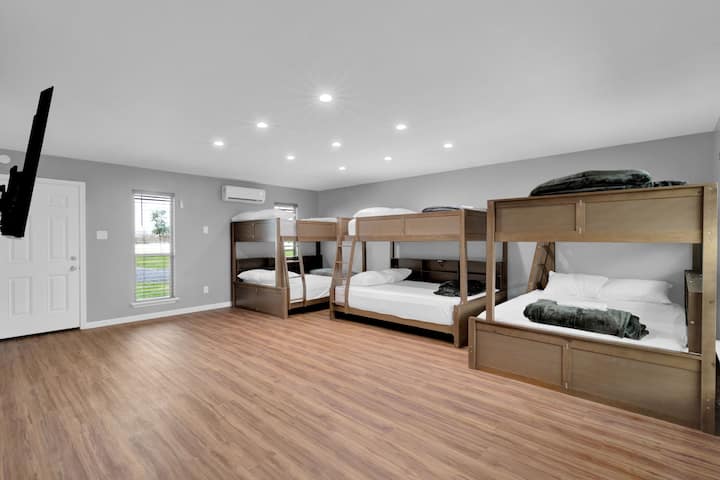 Cozy bedroom featuring full-over-full bunk beds, perfect for families.