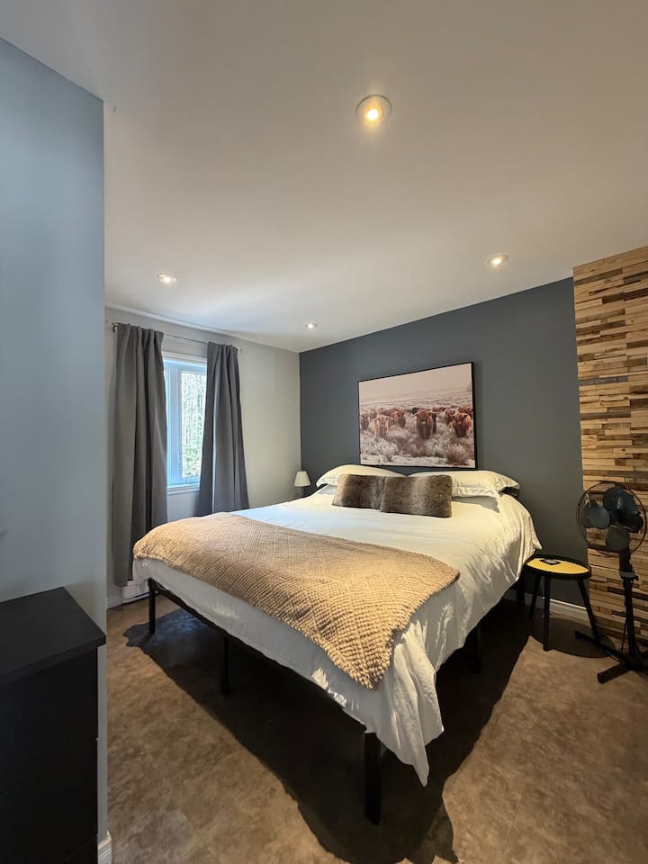Ground floor bedroom decorated with a modern touch and featuring a king size bed as comfortable as a cloud. If you want to sleep in, we thought of you; we have installed blackout curtains.
