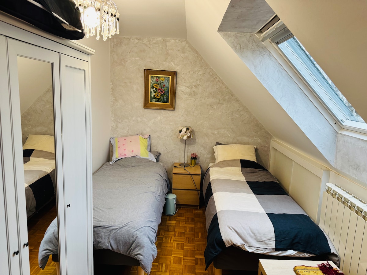 חדר שינה שקט ומואר מתחת לגגות עם שתי מיטות יחיד נוחות. אידיאלי לילדים, חברים או עמיתים. אחסון, מצעים ואווירה נעימה ללילה של מנוחה אחרי יום עמוס