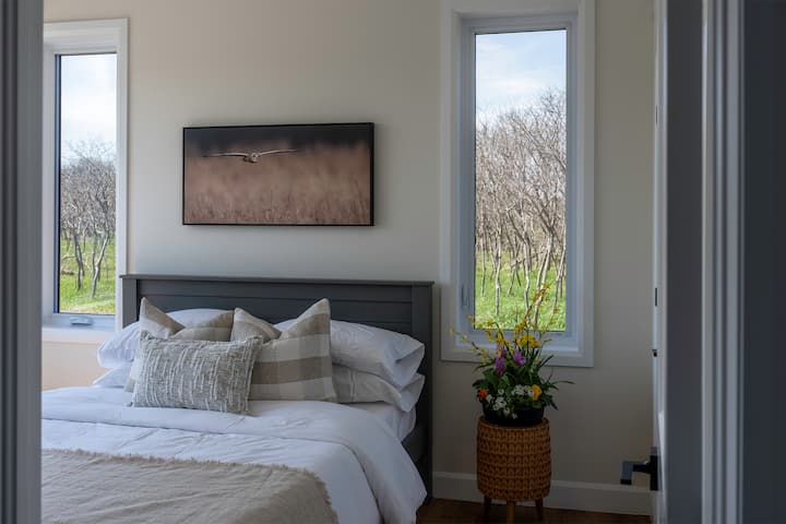 Enjoy the Owl Room with art work taken by Don (Woody) Woodiwiss. Queen bed with Endy mattress and bedding.