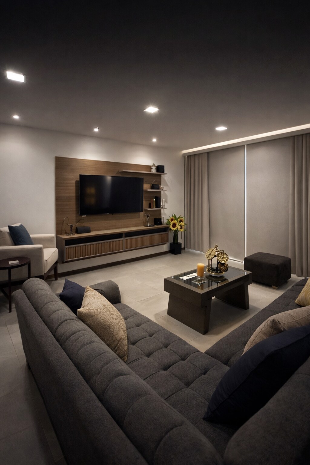 Moderne en gezellige woonkamer met een comfortabele bank, warme verlichting en een eigentijdse inrichting. Uitgerust met een smart-tv en entertainmentmeubilair, ideaal om te ontspannen, een film te kijken of aangename momenten te delen in een elegante sfeer.