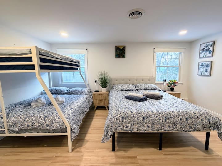 Master bedroom, twin over full bunk and queen bed