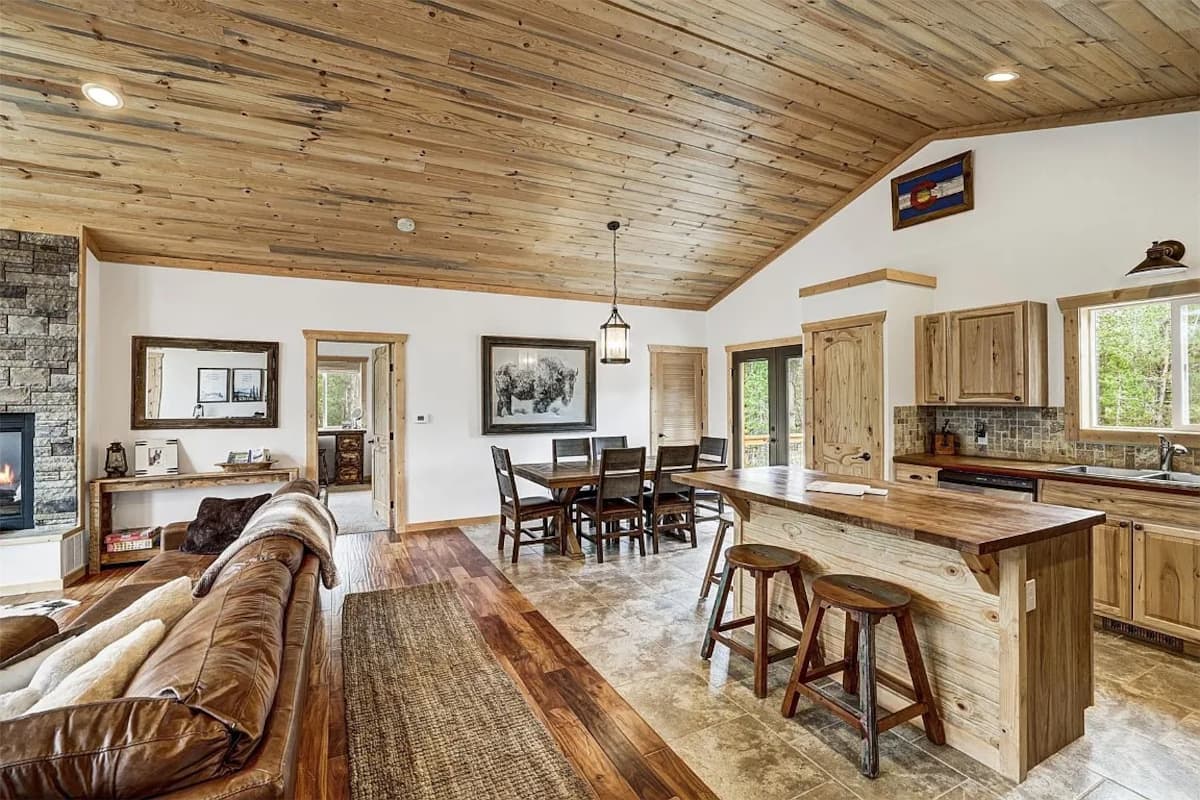 Kitchen and dining area with wood finishes