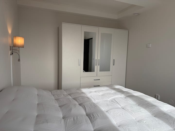 Spavaća soba s ormarom i dovoljno prostora za odlaganje.