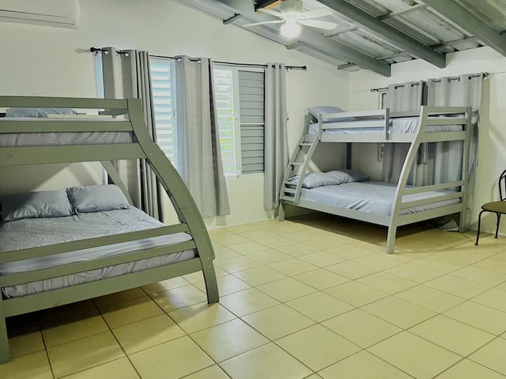 Room #3 has 2 bunk beds (full/twin) + bunk bed (twin/twin), accommodates up to 8 people. It has 1 bathroom, air conditioning, ceiling fan and blackout curtains.