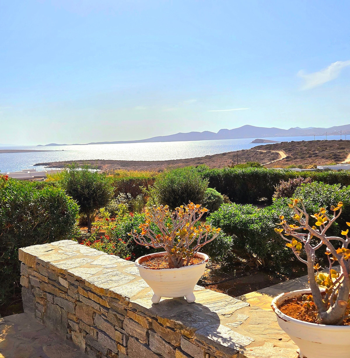 A tranquil view from a stone wall features potted plants with sunlit leaves, overlooking the shimmering Aegean Sea. The serene landscape reveals Antiparos island in the distance, complemented by hills and calming waters under a clear blue sky.
