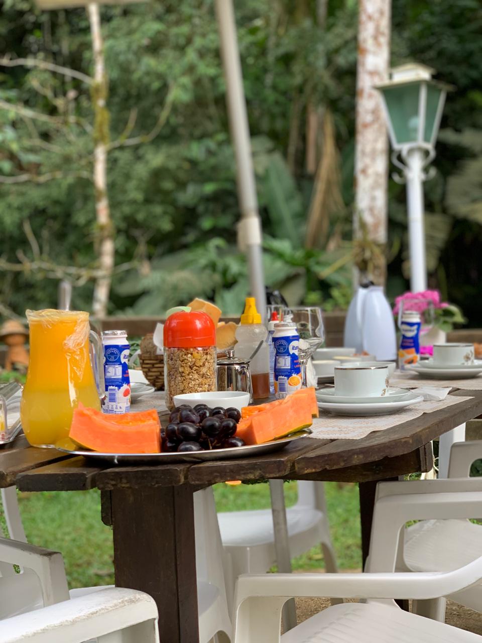 A dining table is set outdoors, featuring a selection of fresh fruits including sliced papaya and black grapes. Beverages are presented, including orange juice and yogurt drinks. Various breakfast condiments and utensils are arranged neatly on the table, surrounded by green foliage.