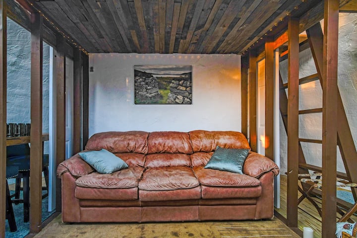 Sofá cama de cuero tamaño queen con un protector de espuma gruesa. Un gran espacio para dormir la siesta, o para aquellos que no quieren subir la escalera al loft. Portaequipajes debajo de la escalera del loft.