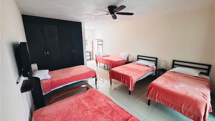 Chumba cha kulala chenye nafasi kubwa chenye mtindo wa roshani, TV yenye Roku na Wi-Fi, chandarua, feni ya dari na feni inayoweza kubebeka, bafu kamili, kabati lenye viango, mashuka ya kitanda, mataulo na luva. Vitanda vinne vya mtu mmoja na kitanda aina ya sofa cha ukubwa wa queen.
