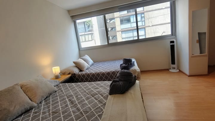 Habitación espaciosa con dos camas matrimoniales, ideal para compartir en familia o con amigos. Excelente opción para grupos que buscan comodidad y ubicación en el corazón de Polanco.