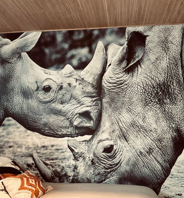 Step into the Face to Face Bedroom, featuring two full beds, warm safari‑inspired textures, and a dramatic rhino mural for an unforgettable stay