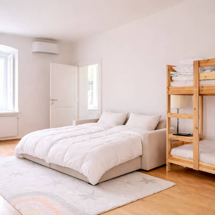 This room can sleep up to 4 adults.
2 in adult size bunk bed and 2 on the comfortable sofa bed.
