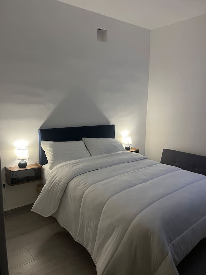 楼上主卧室内设有全功能卫生间 
包括1张沙发床、电视和Netflix 

迷你分体式空调 