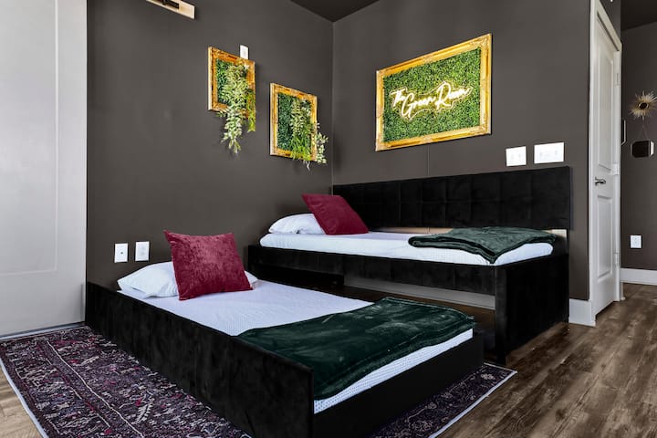 ✦ Living Room ✦ The plush velvet daybed pulls out into two comfy twin trundles,  a stylish and comfortable setup for the whole crew to crash after a big night out. 2 High end air mattresses with soft, cooling bedding also available to use as needed.