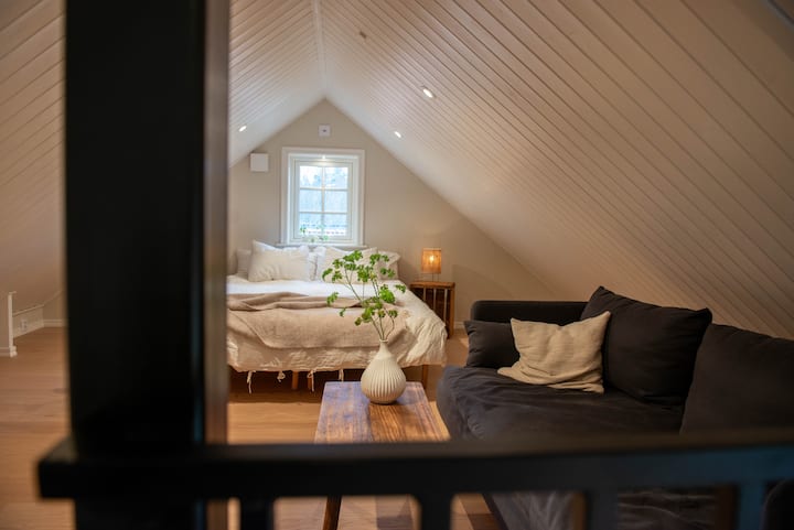 Bedroom 3 is located in the loft. There is one 160-cm bed and a private sofa. 

Please note that this bedroom does not have a door or wall down to the ground floor, and that there is a steep staircase up to the loft where this room is located.