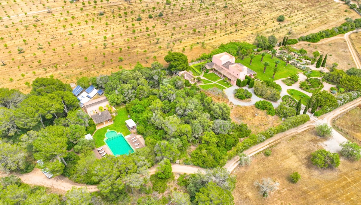Aerial view of The Arabic House, its garden and pool