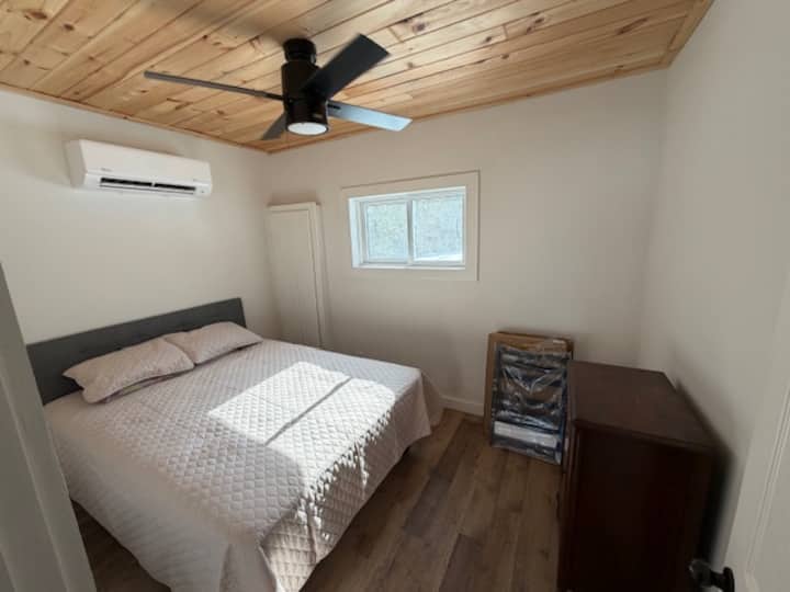 Downstairs bedroom with tv. Queen bed
