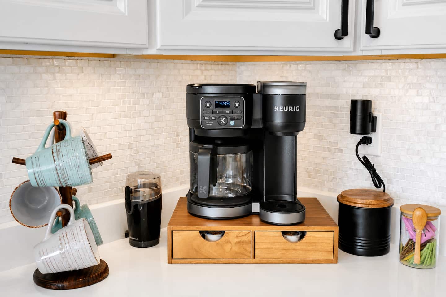 Start slow with the coffee bar already set up for you. Grind the complimentary local beans or enjoy fully stocked k-cups, fill your mug, and take it straight out to the porch.