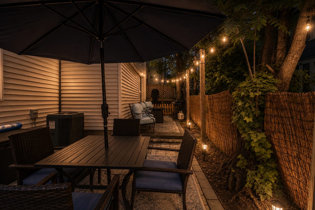 The patio at dusk with string lights, a navy umbrella and a dining table set for four