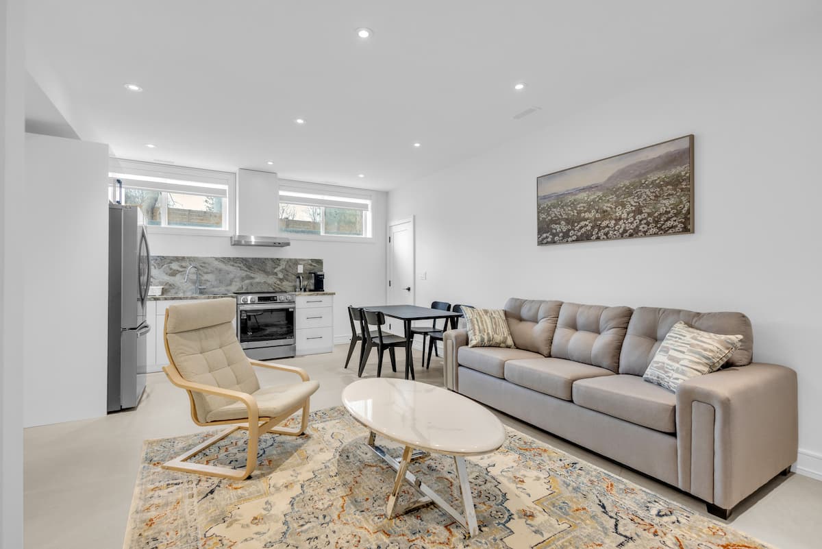 Bright dining space with large windows in Mississauga suite