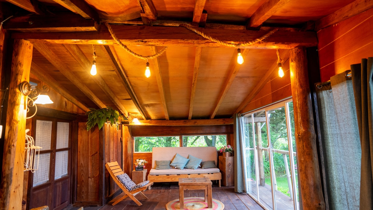 A warm and spacious interior features wooden beams and a large window that opens to the views outside. A cozy seating area includes a sofa and coffee table, illuminated by soft hanging lights. Natural elements are incorporated through decorative plants.