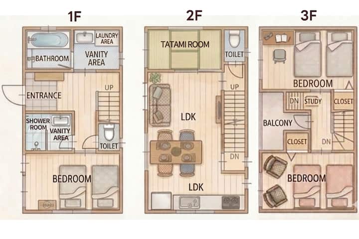日式现代新建独栋｜地铁7–15分钟直达难波・日本桥・道顿堀・黑门市场｜步行4分钟至车站｜ 7床4卧 - Nhật Bản