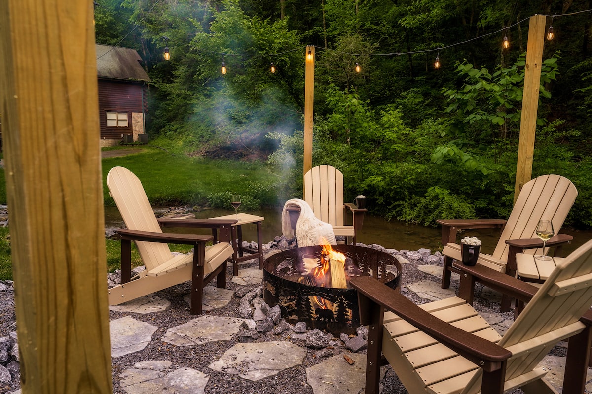 Creekside fire pit with seating for evening gatherings