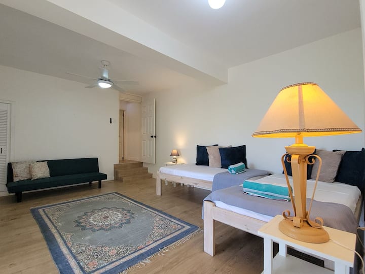 Downstairs bedroom with 2 single beds, one couch bed (only big enough for a child)