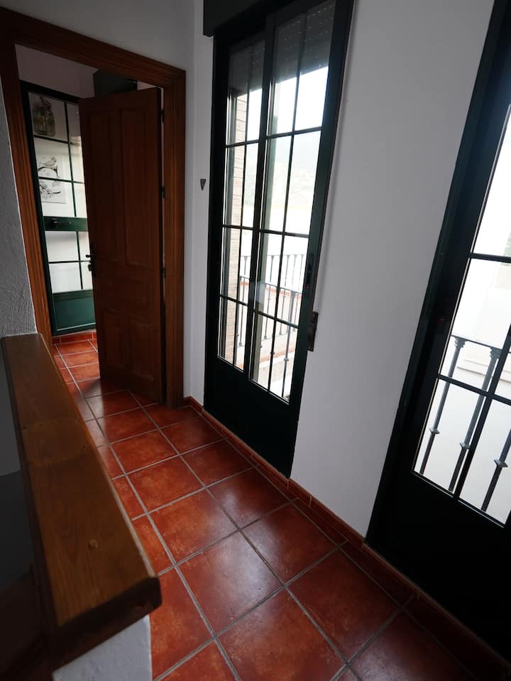 Distribuidor con puertas acristaladas y suelo de barro: luminoso y con estilo andaluz.
