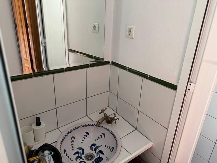 Azulejos con cenefa verde y espejo de esquina, con luz natural