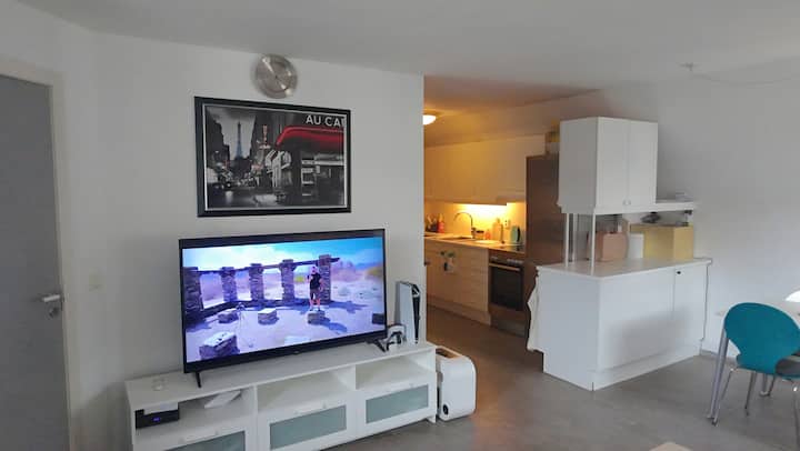 Amplia sala de estar con un televisor inteligente de 55 pulgadas con un paquete de canales y una PS5